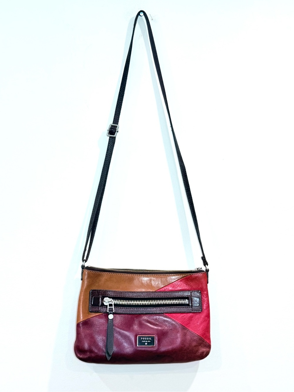 🔥Fossil Colorblock Leather Crossbody in Brown, Red & Wine EUC🔥